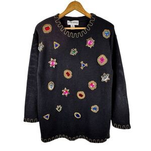 Vintage 80s Victoria Harbour Jewel Sweater M Black Beaded Glam Granny‎ Ugly